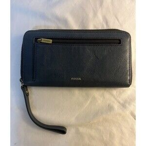 Genuine Fossil Dark Blue Textured Leather Wallet Zip Around Clutch